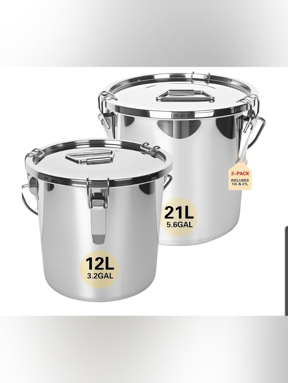 Stainless Steel Airtight Food Storage Canister Set  Of 2 (12L & 21L) - Silver